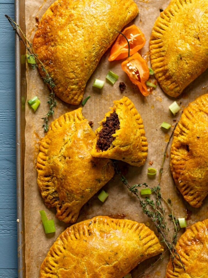 Spicy Jamaican Beef Patties on parchment paper