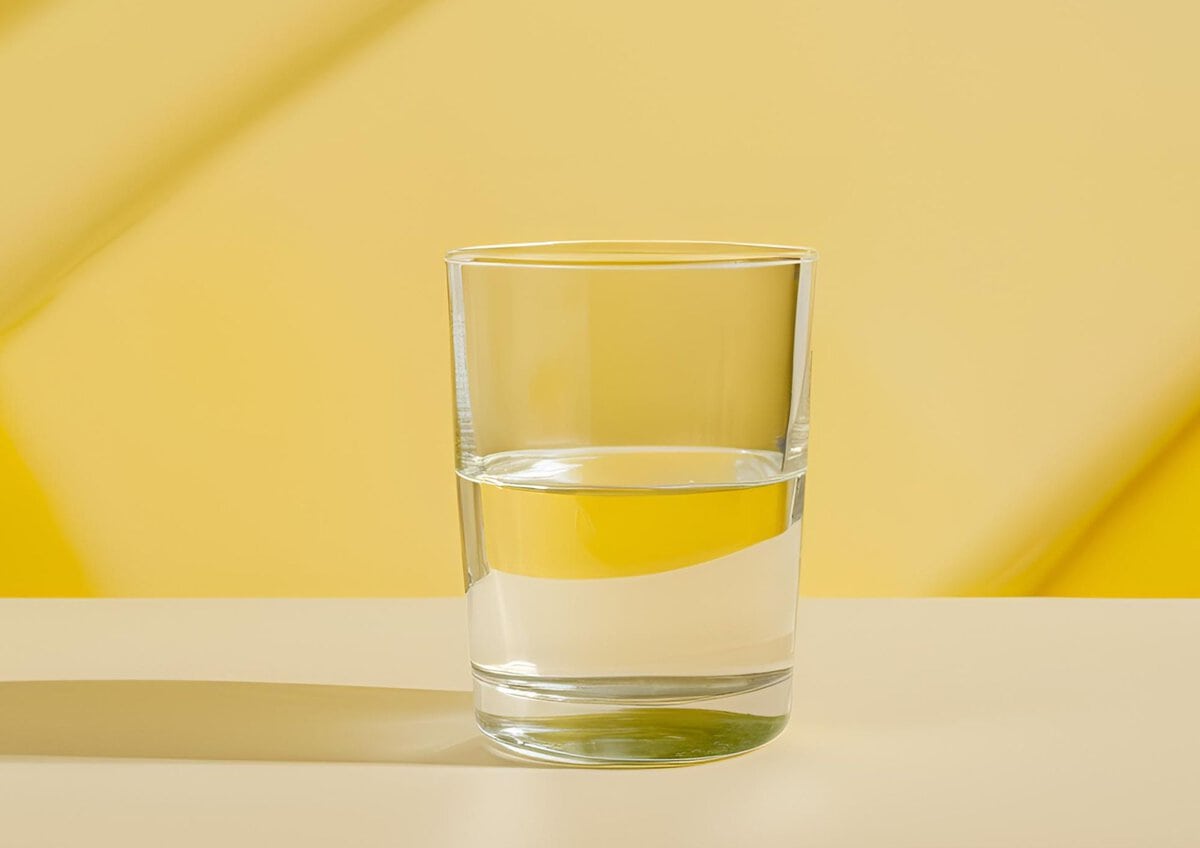 Glass of water with a yellow background.