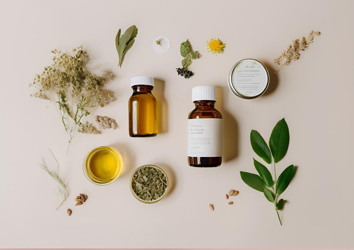 Natural remedies laid out on light pink background