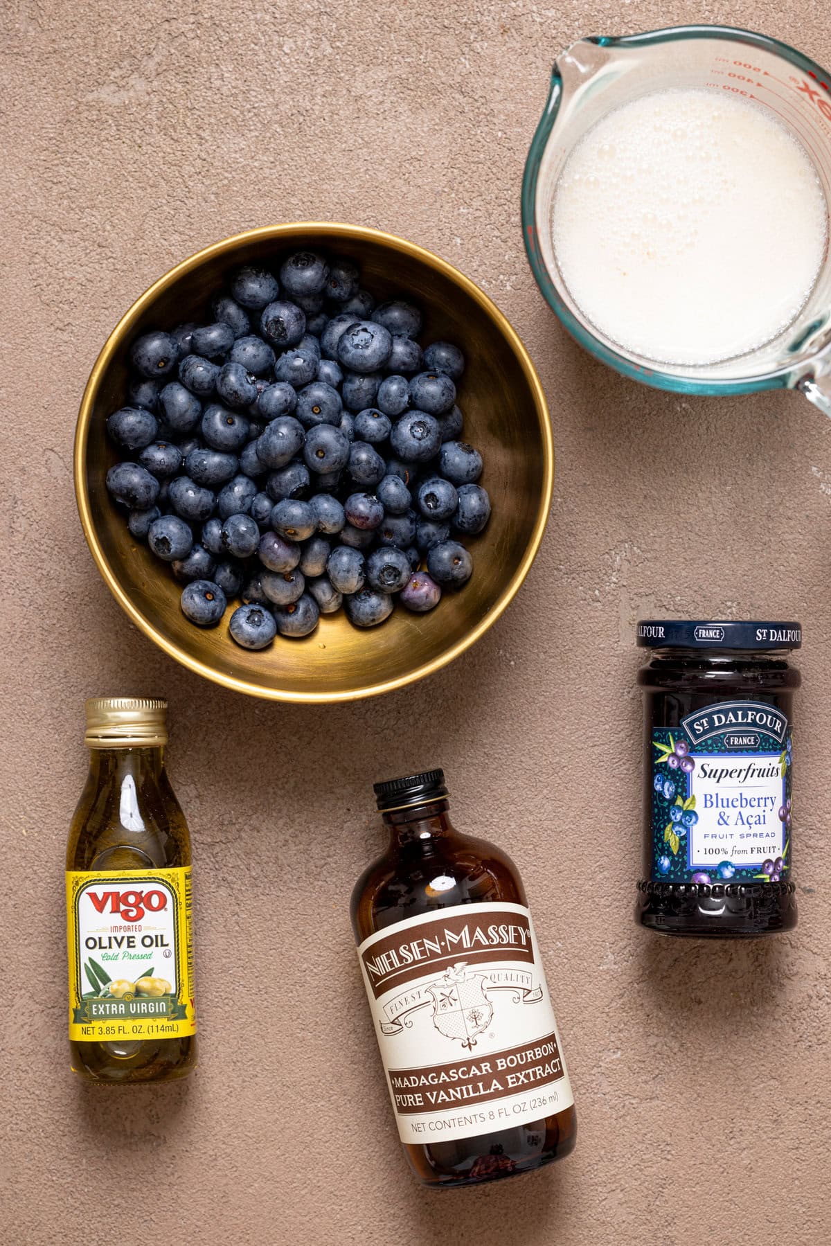 Ingredients on a brown grey-ish table.