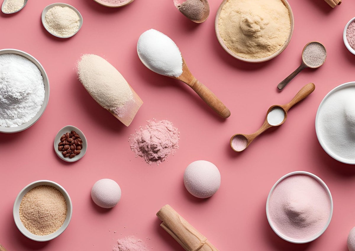 Flour, sugar and other baking staples on pink background.