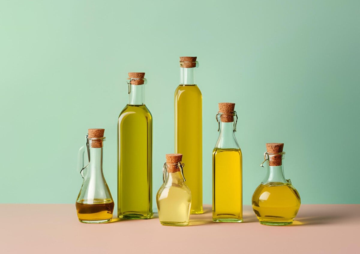 Oils in glass bottles.