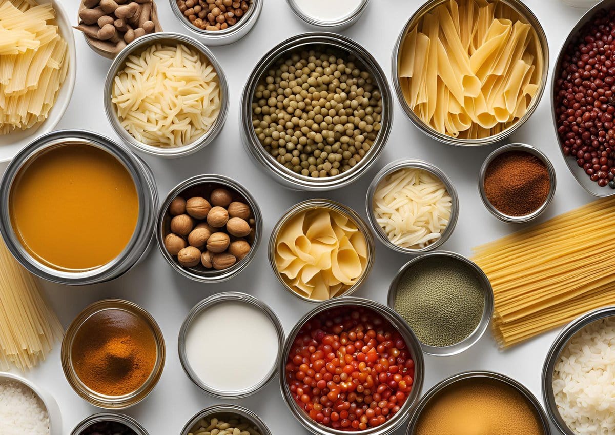 Pantry staples in small stainless steel bowls,