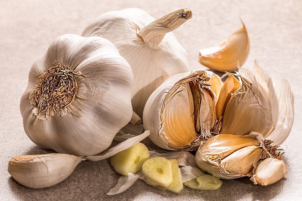 Up close shots of garlic bulbs.