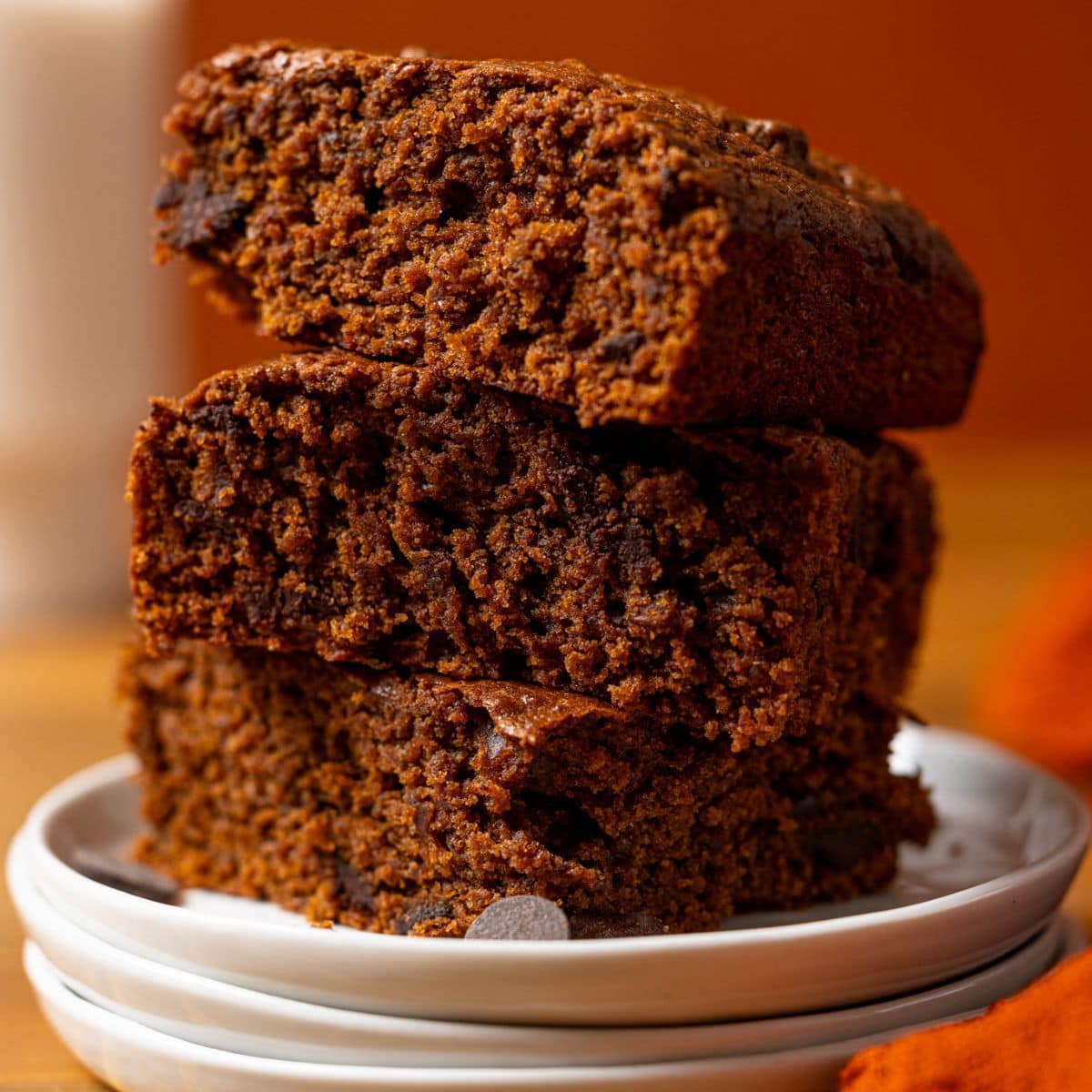 Up close shot of stack of brownies.