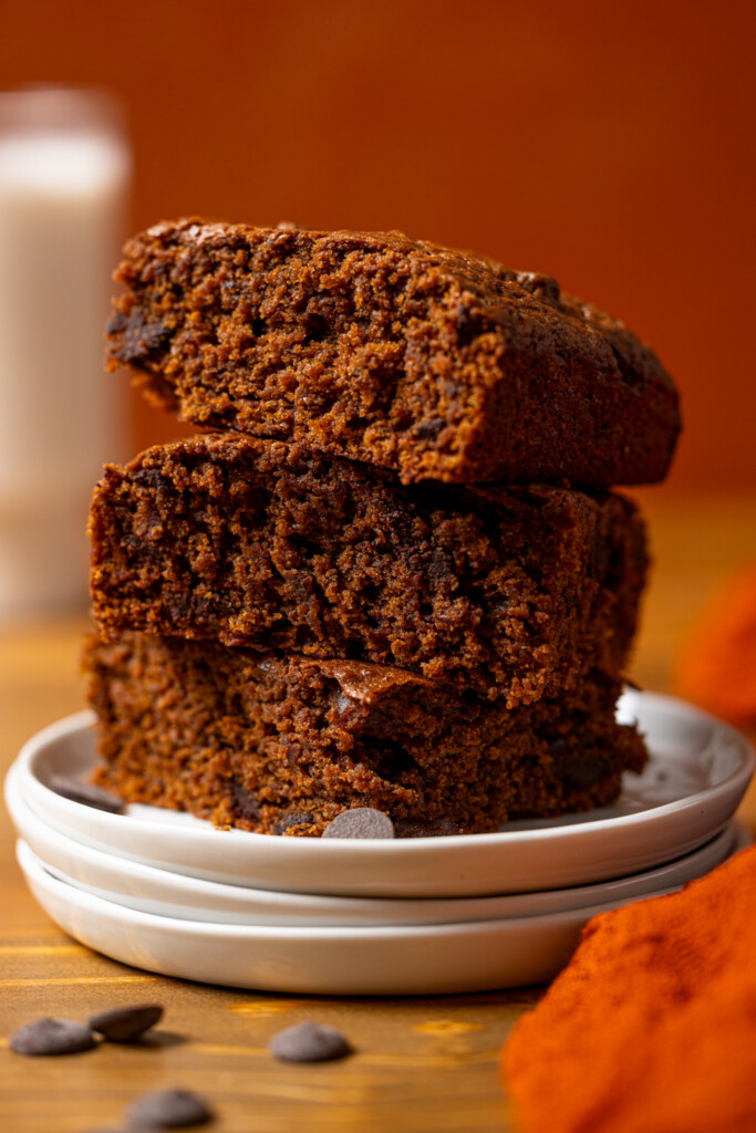 Up close shot of stack of brownies.