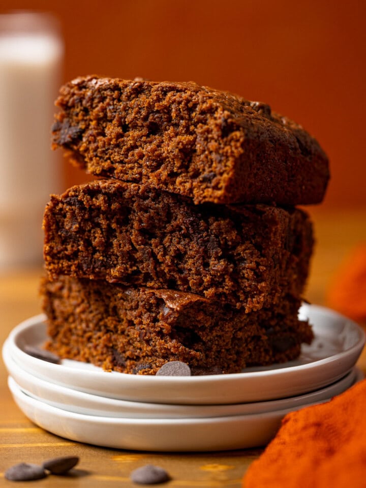 Up close shot of stack of brownies.