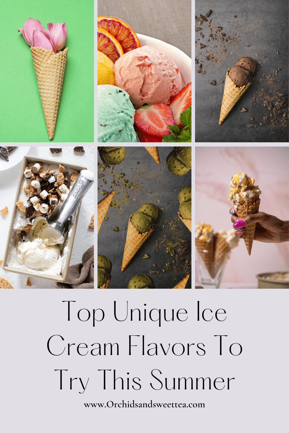 Collage of ice cream with text: Top Unique Ice Cream Flavors To Try This Summer.