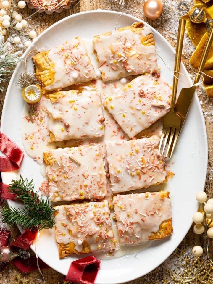 Overhead shot of a sliced Giant Orange Marmalade Pop Tart on a serving platter