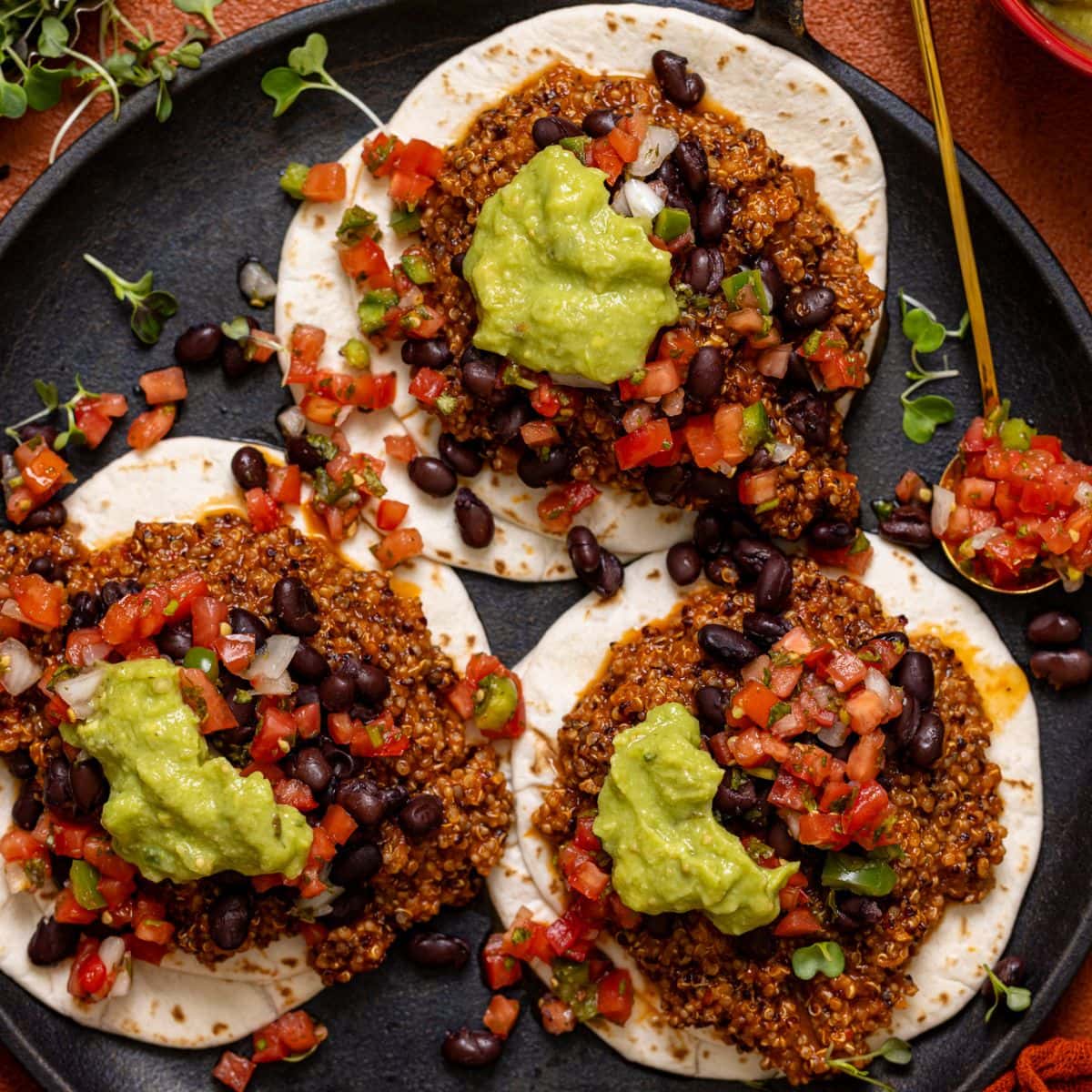 Up close shot of sofritas tacos.