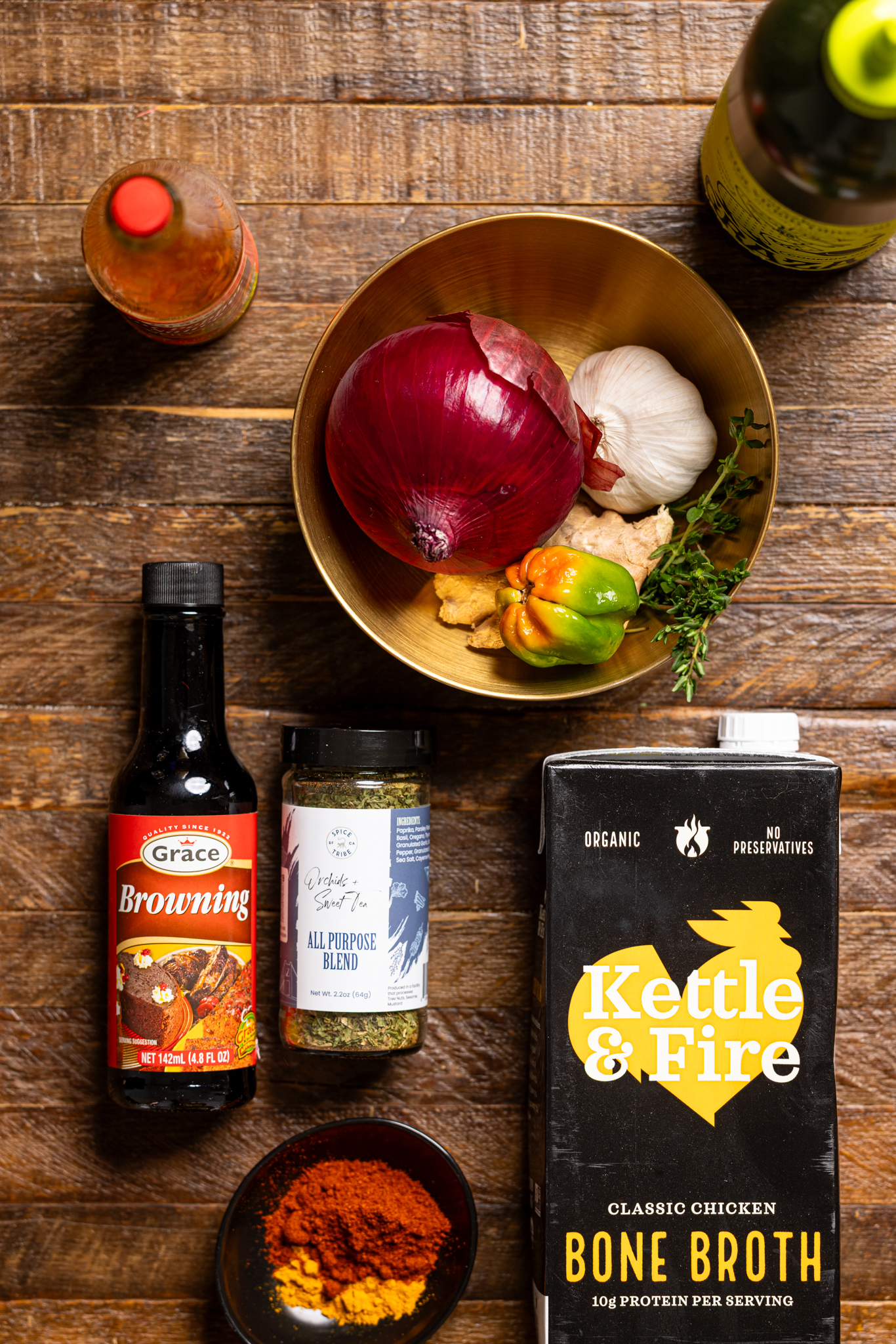 Image of ingredients on a brown wood table.