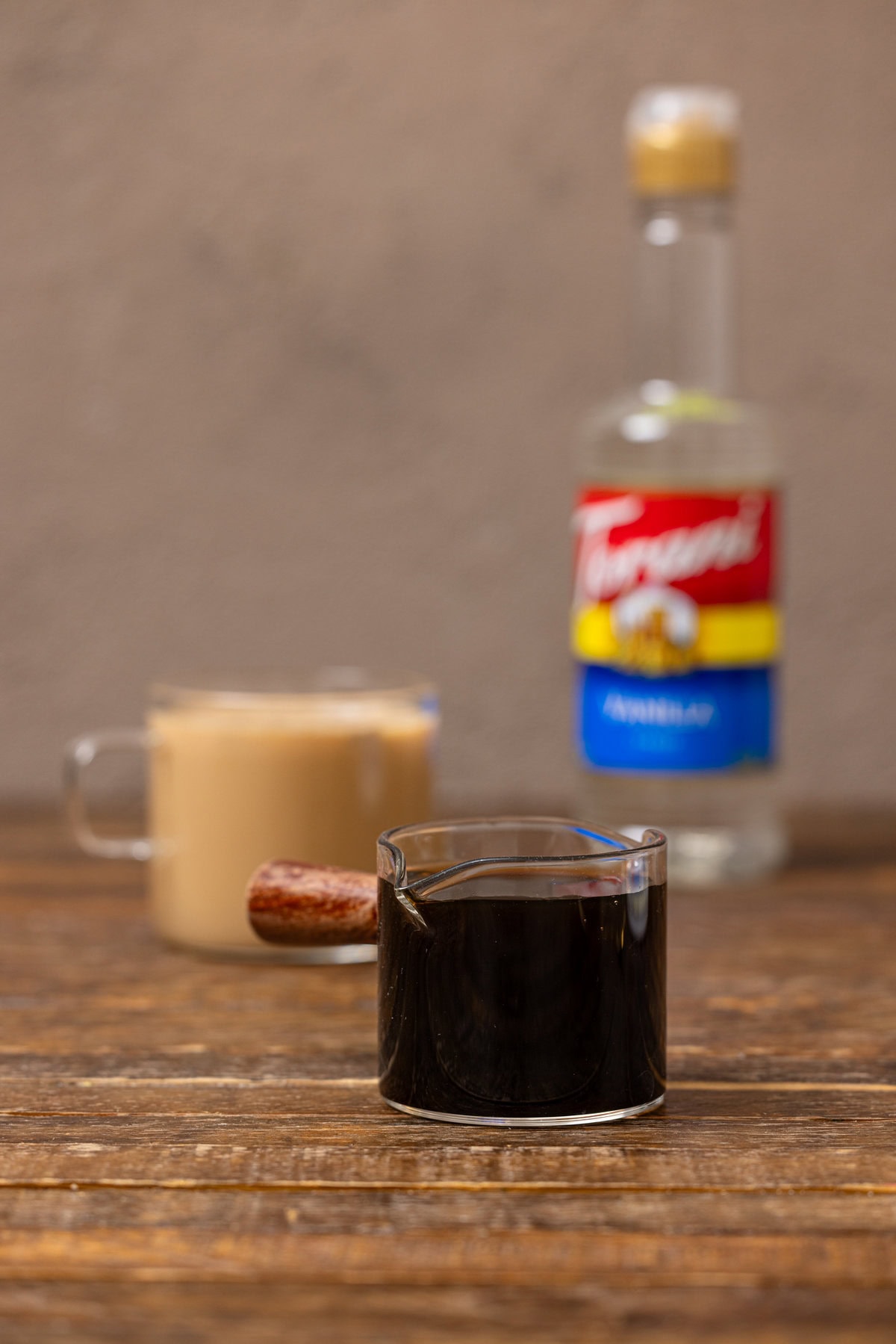 Ingredients on a brown wood table.