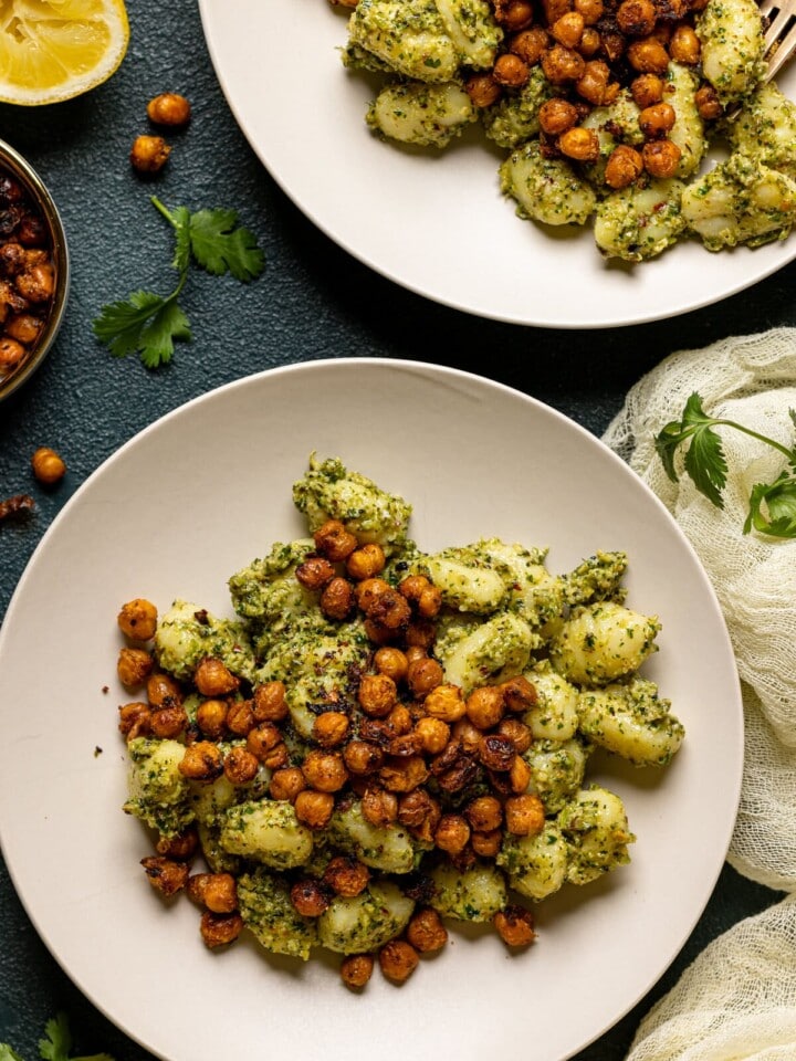 Overhead shot of broccoli pesto gnocchi with chickpeas