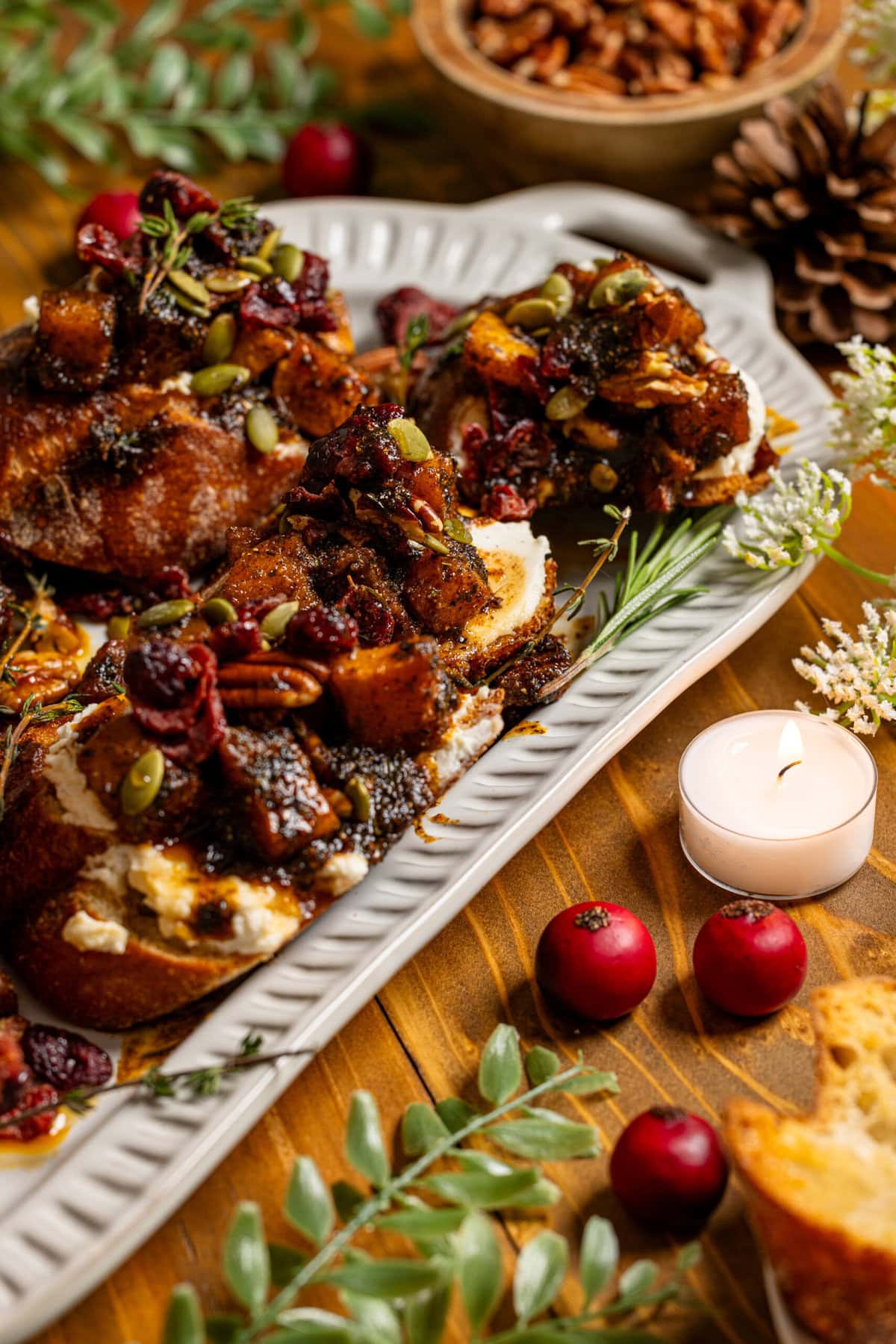 Shot of appetizers in a platter with Thanksgiving decor. 