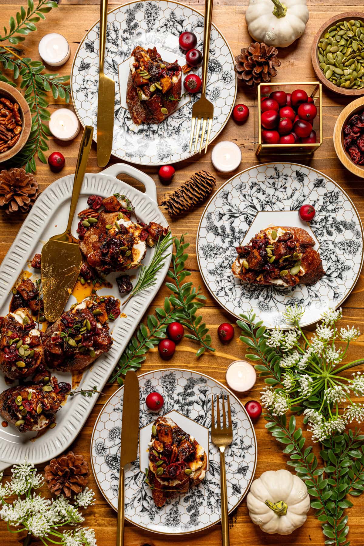 An overview shot of decorated table for Thanksgiving.