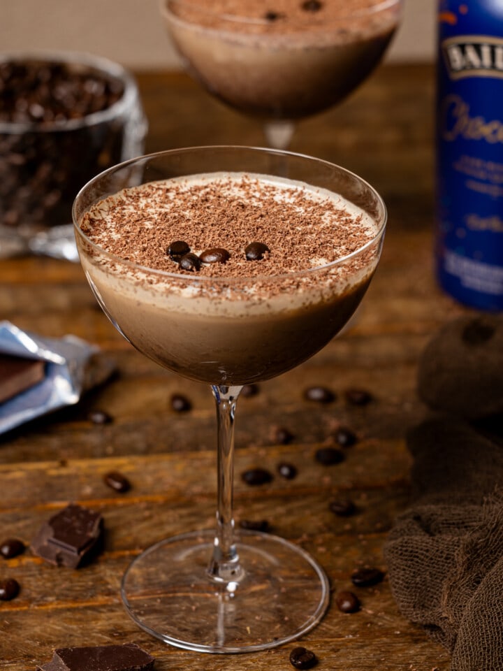 Up close shot of espresso martinis in a glass.