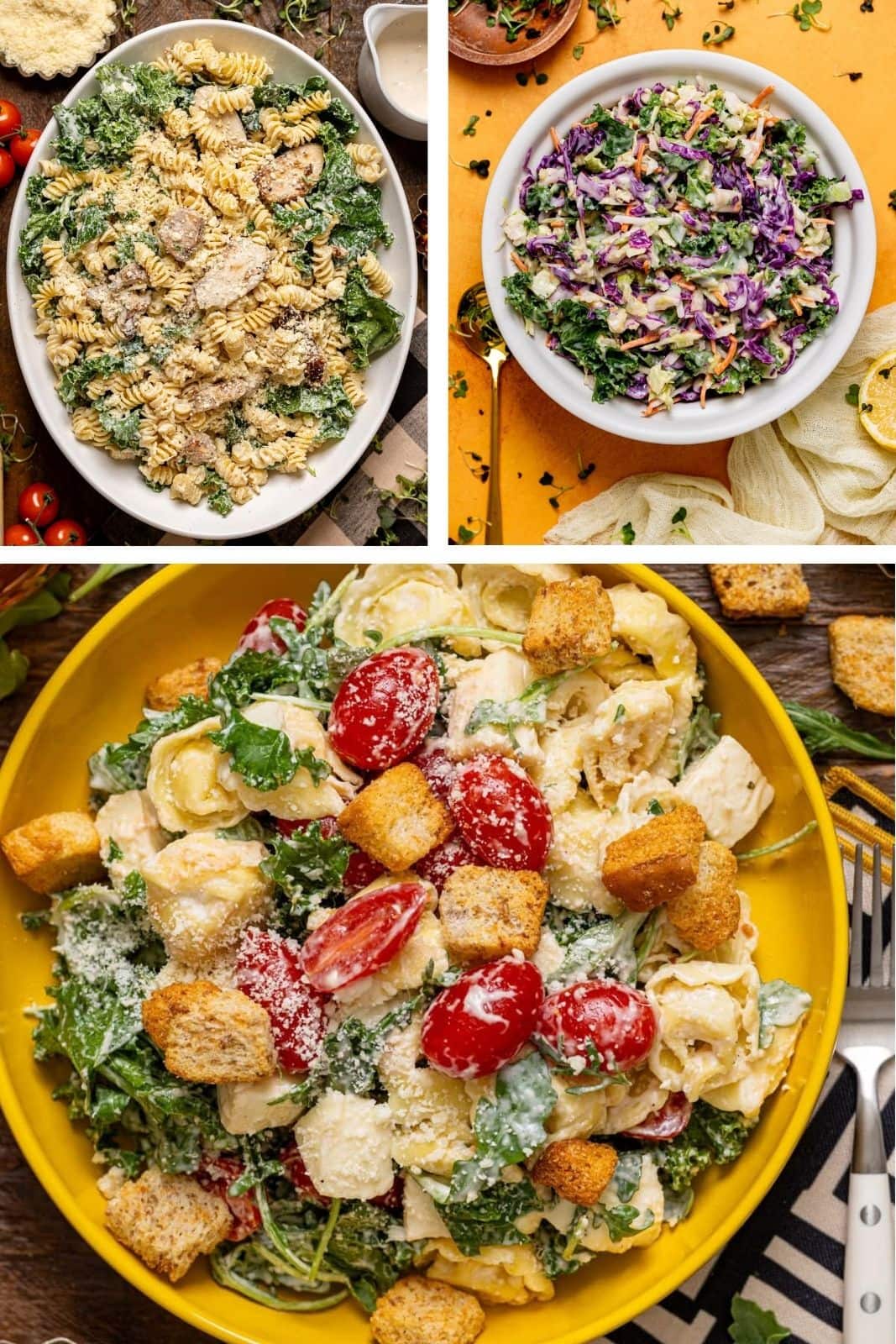 Three photos of salads in a collage.