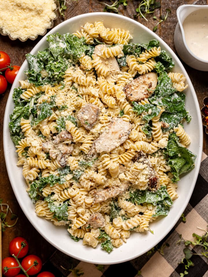 Chicken pasta salad on a serving platter.