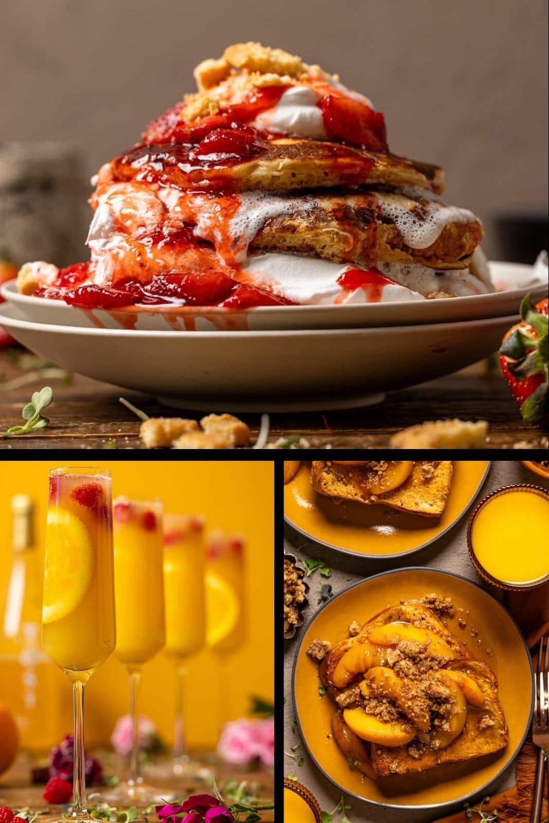 collage of french toast, pancakes and mimosas.