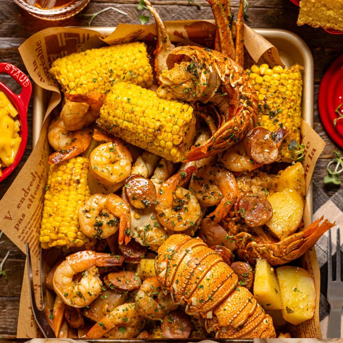 Up close shot of seafood boil on a baking sheet with a drink, cornbread, and mac + cheese on a brown wood table.