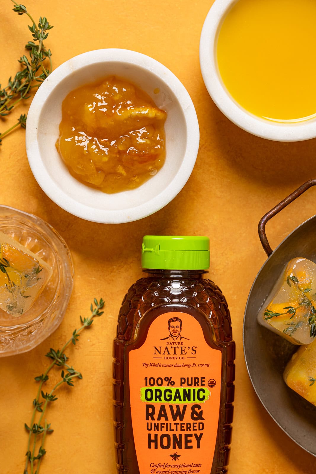 Ingredients on an orange table.