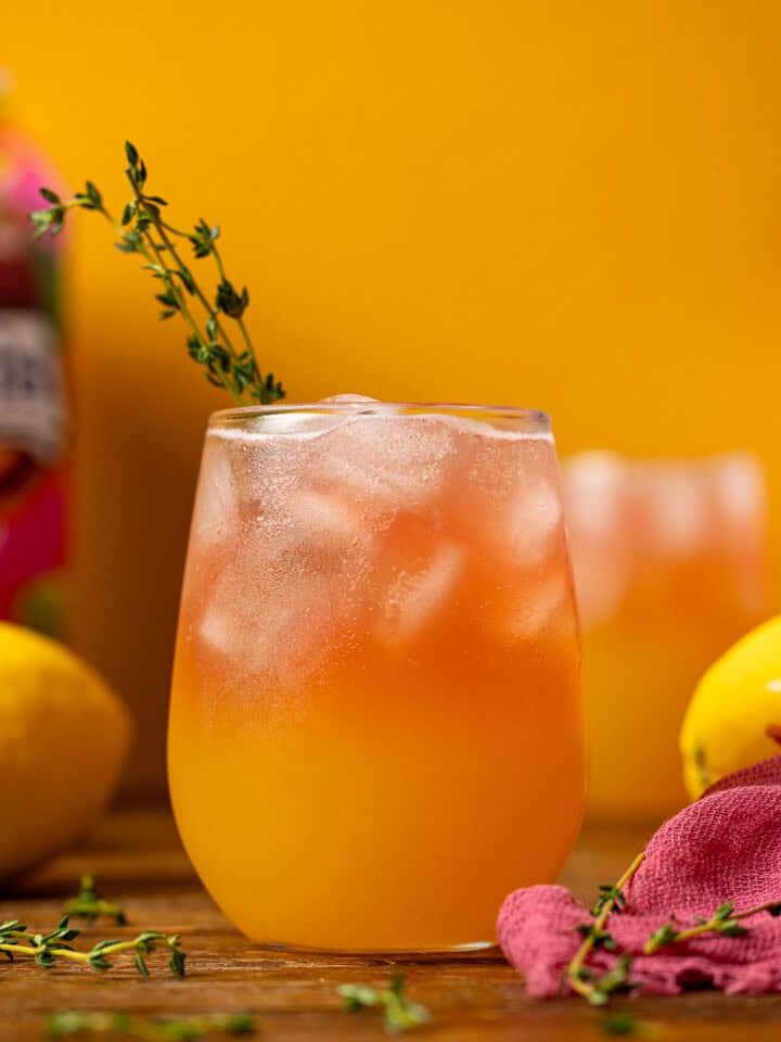 Up close shot of guava lemonade.