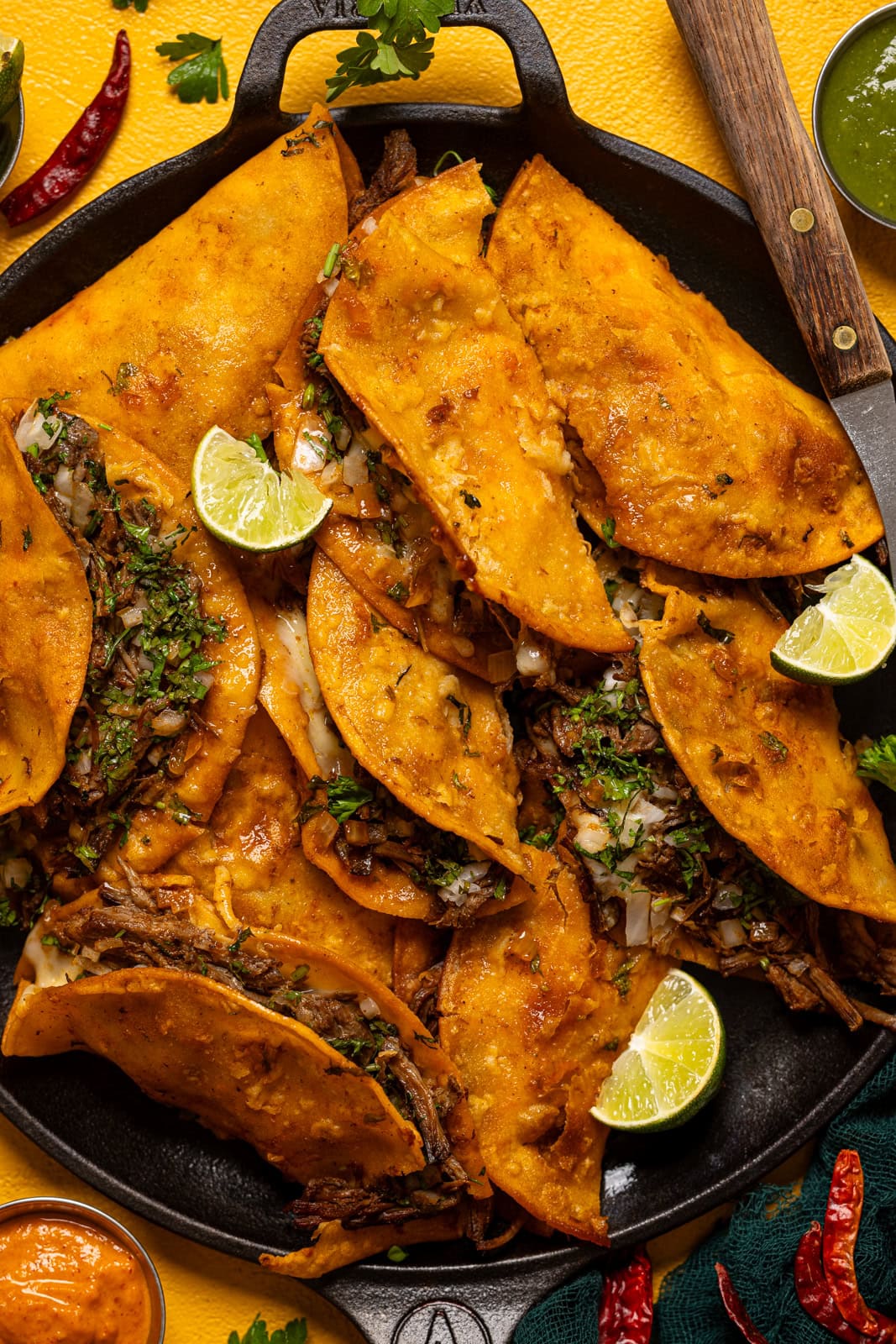 Up close shot of Birria tacos.