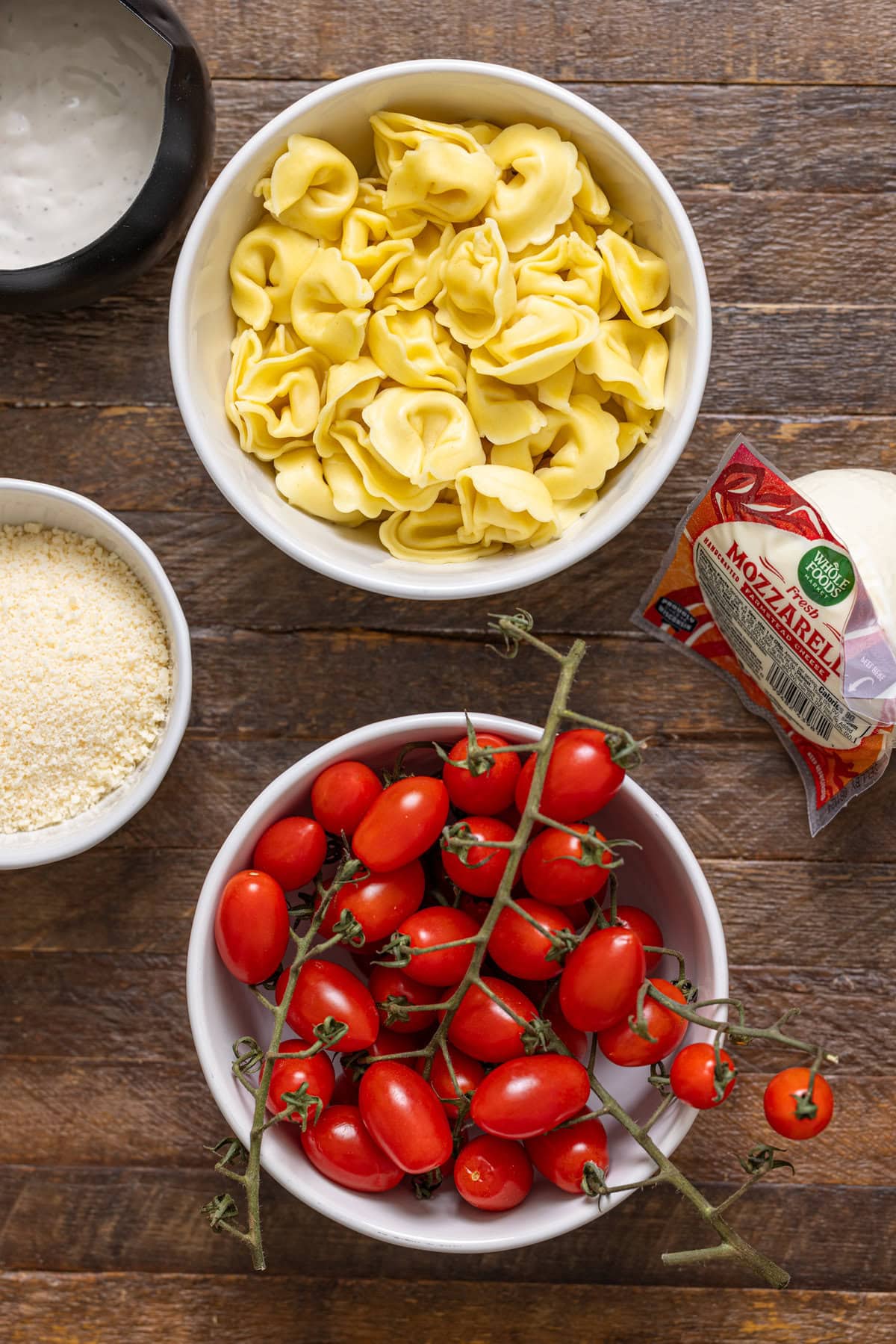 Ingredients on a brown wood table.