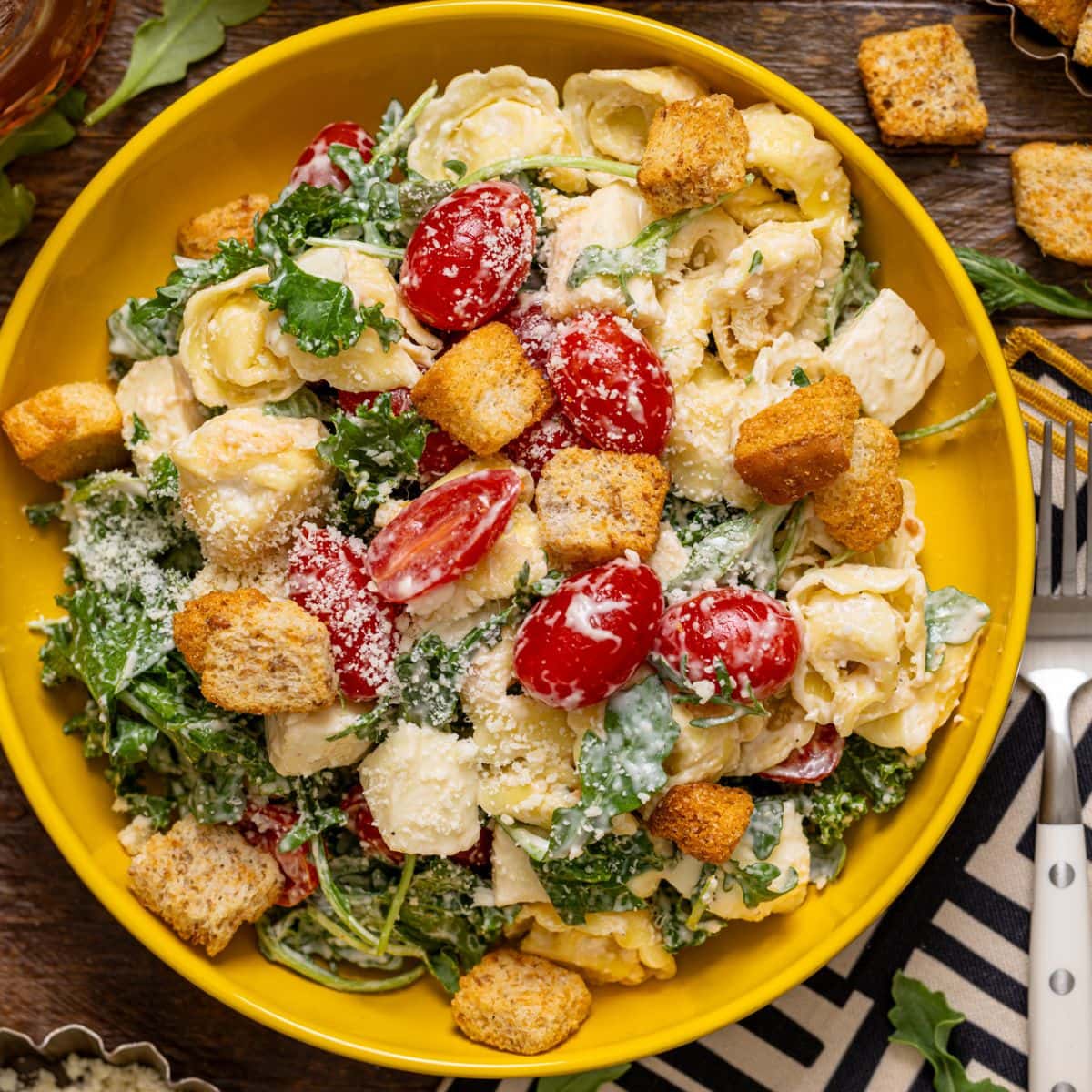 Up close shot of pasta salad.