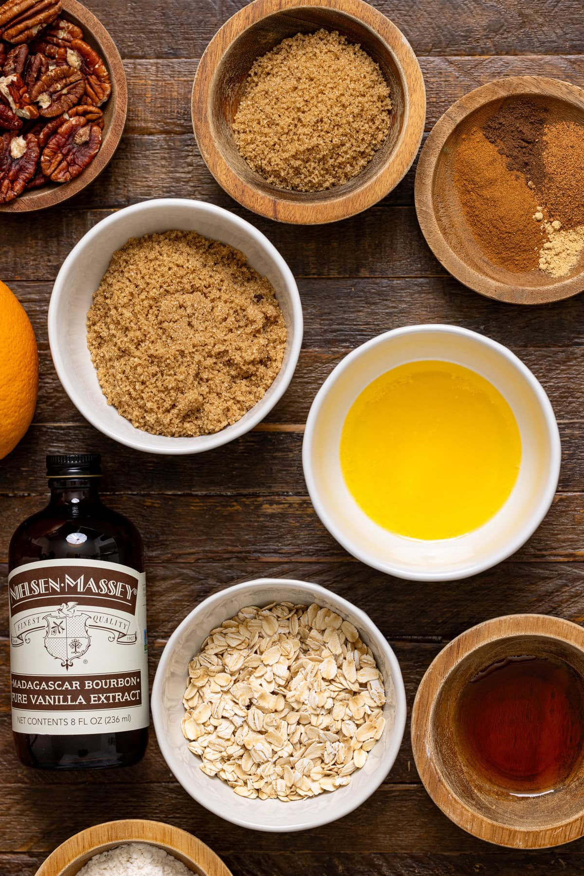 Ingredients on a brown wood table.