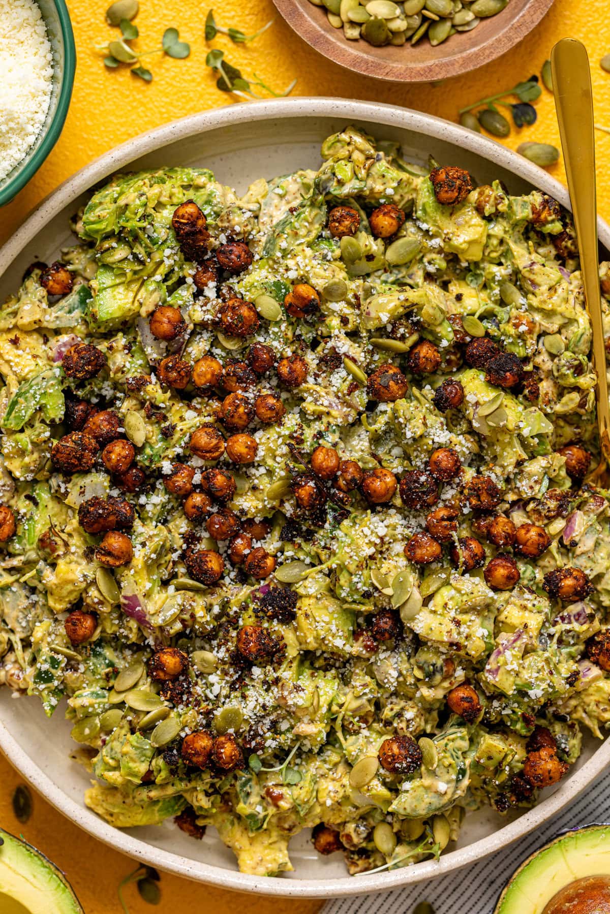 Up close shot of avocado and chickpea salad.