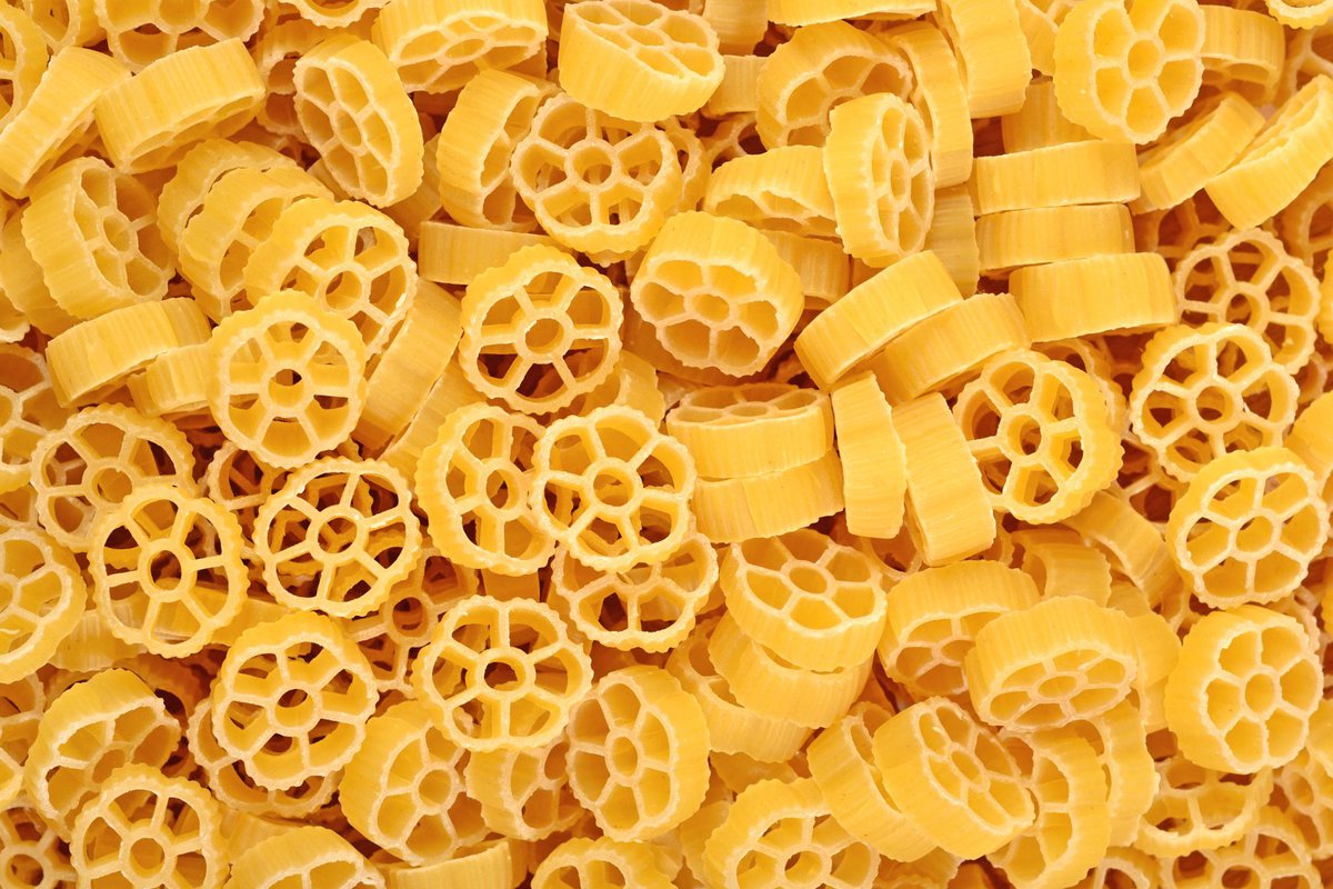 Rotelle wagon wheel shaped pasta together.