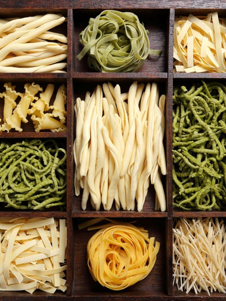 Wooden box of different pasta types