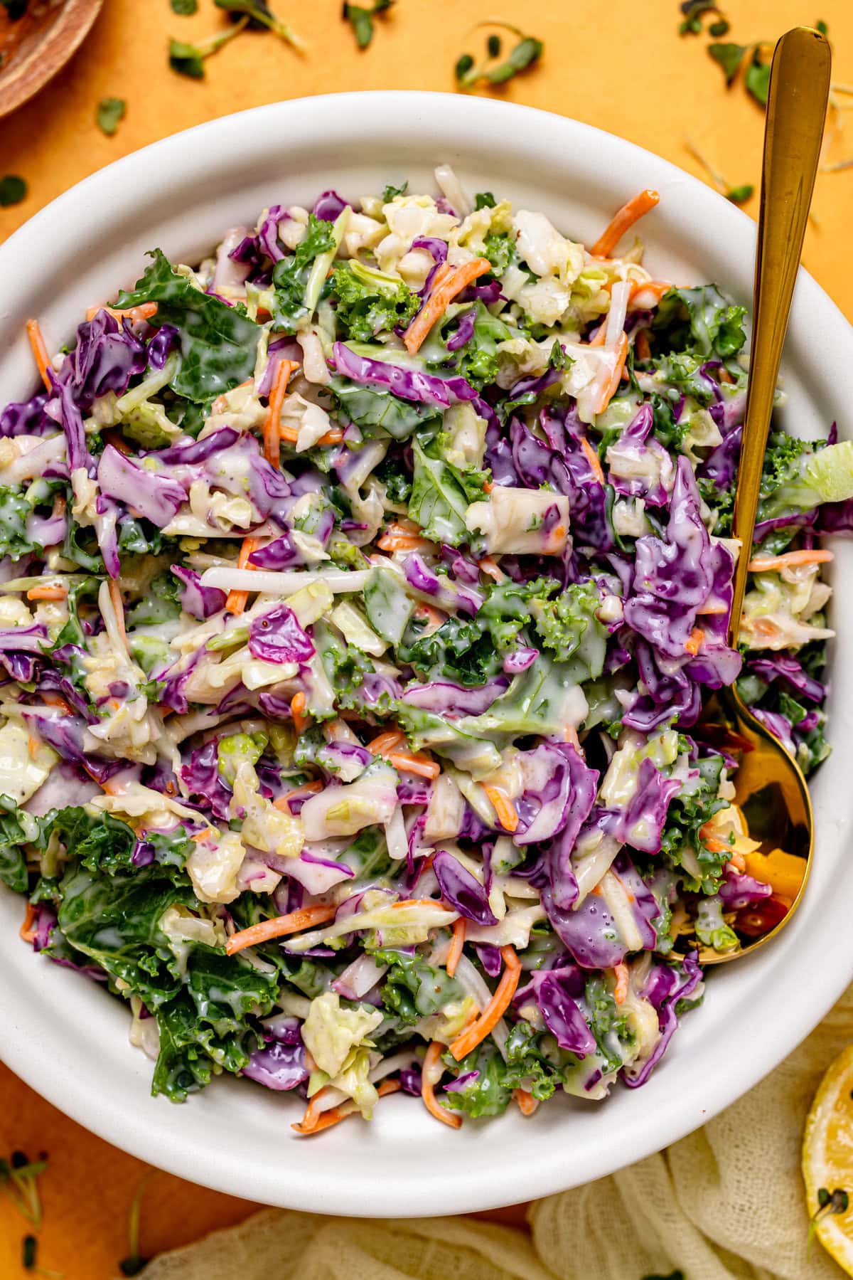 Up close shot of coleslaw in a bowl with a spoon.