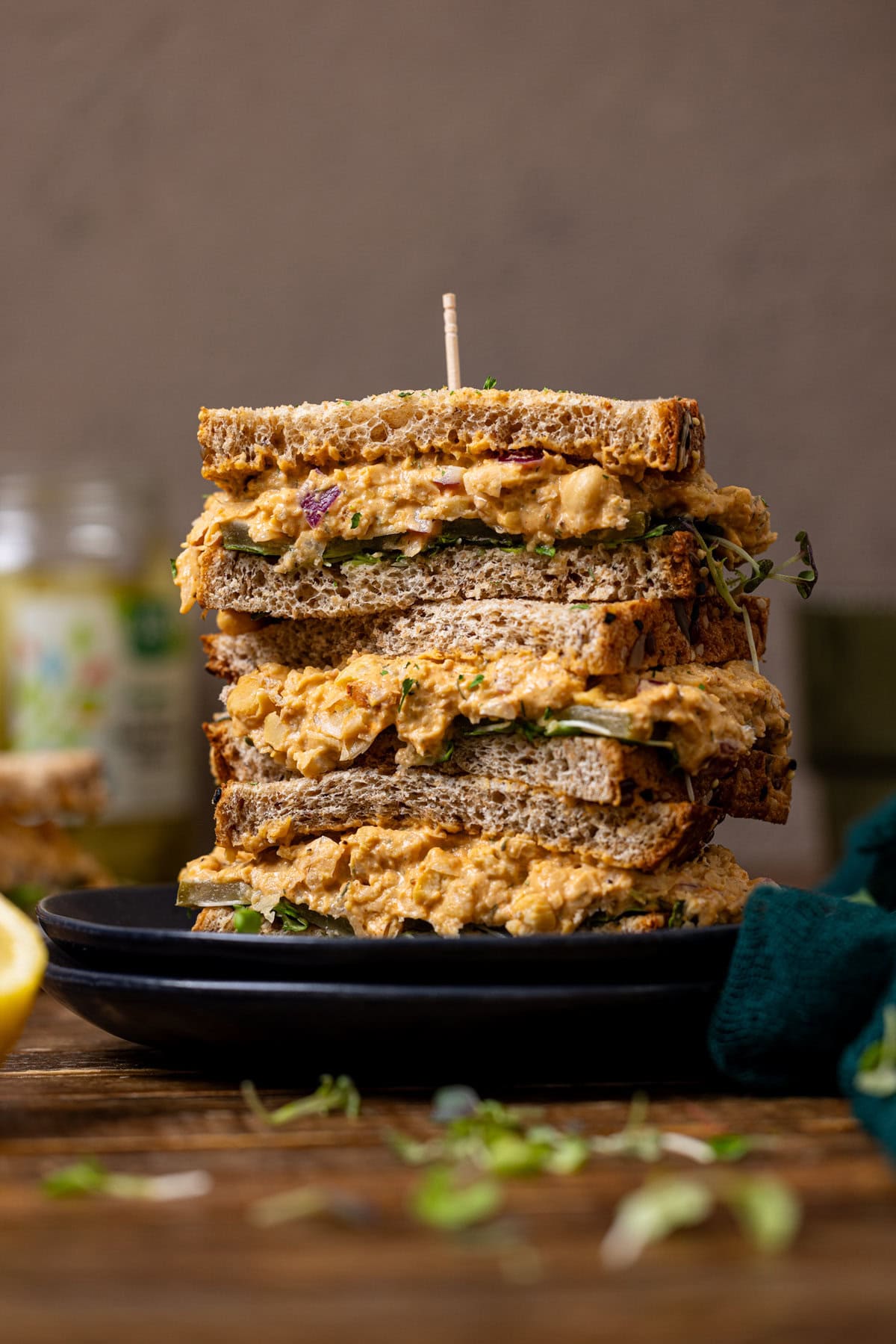 Forward shot of stacked chickpea tuna sandwiches.