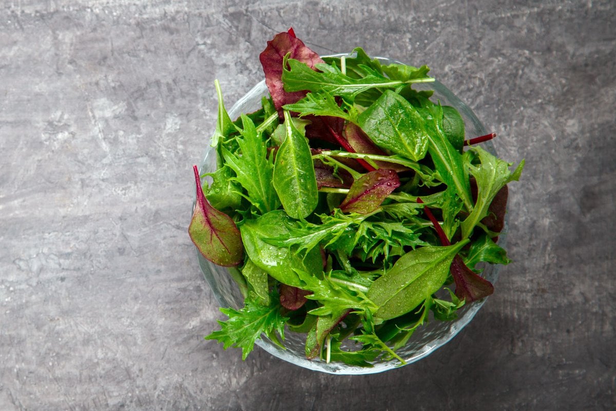 Multiple green and red leaves in a bowl.