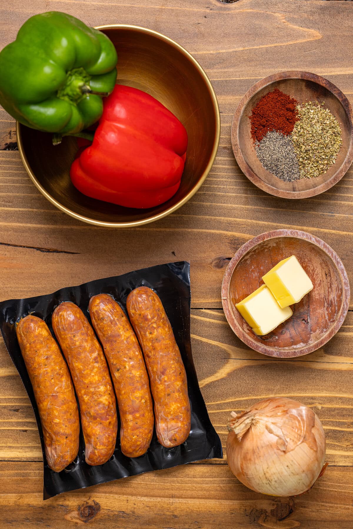 Ingredients on a brown wood table.