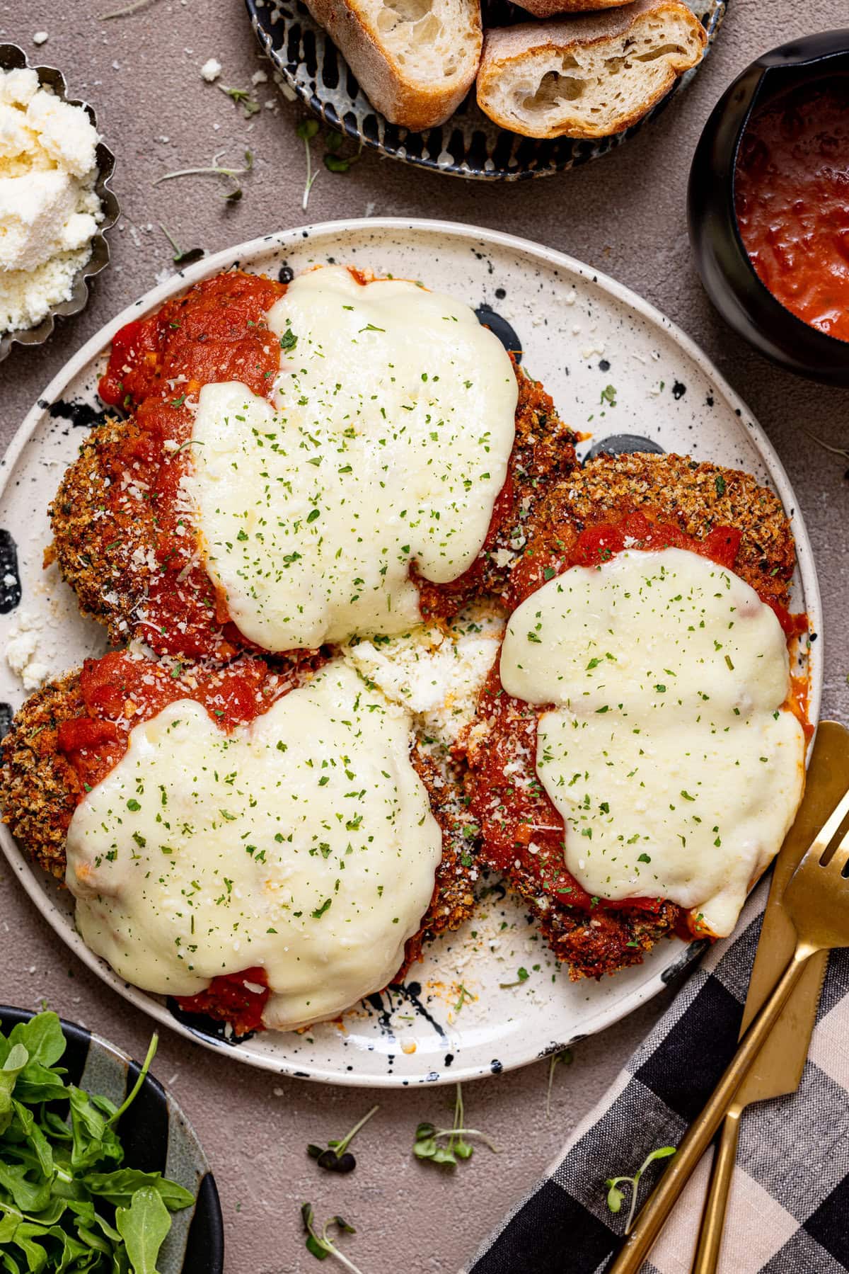 Overhead shot of kid friendly Chicken Parmesan.