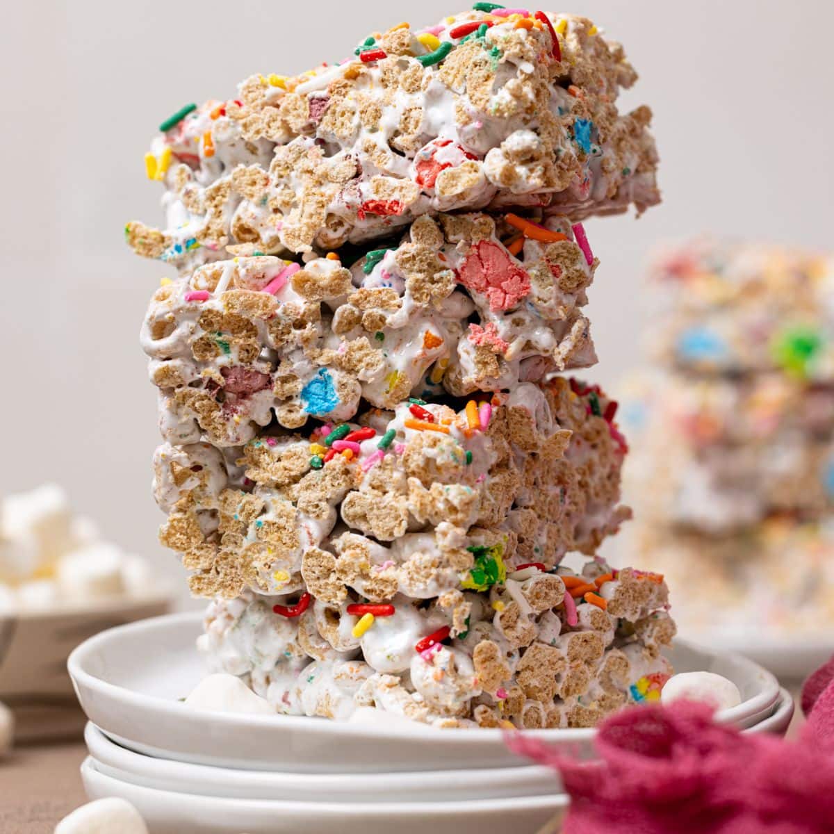 Up close shot of stacked marshmallow cereal bars.