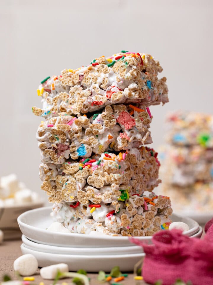 Up close shot of stacked marshmallow cereal bars.