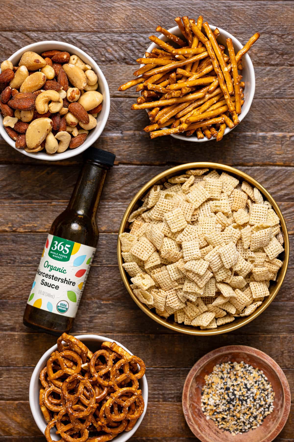 Ingredients on brown wood table.