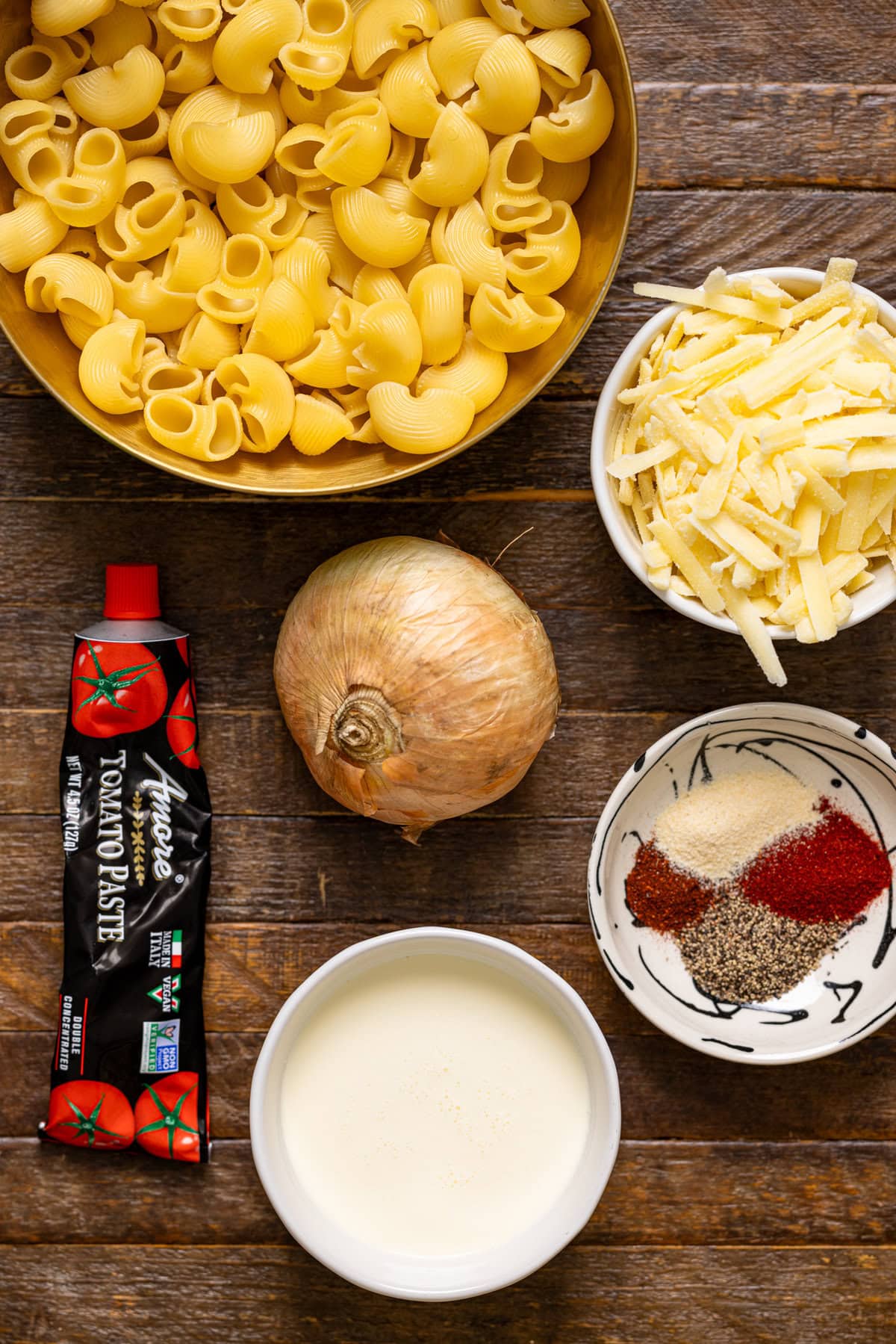 Ingredients on a brown wood table.