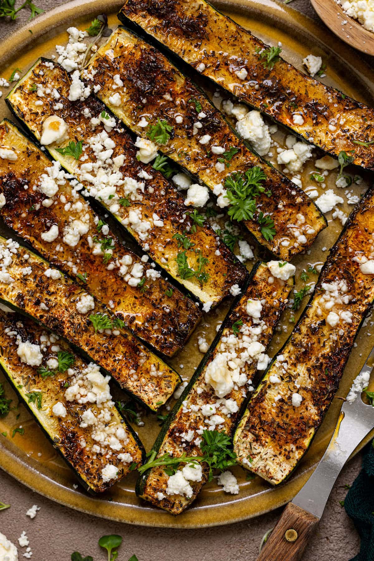 Up close shot of roasted zucchini. 