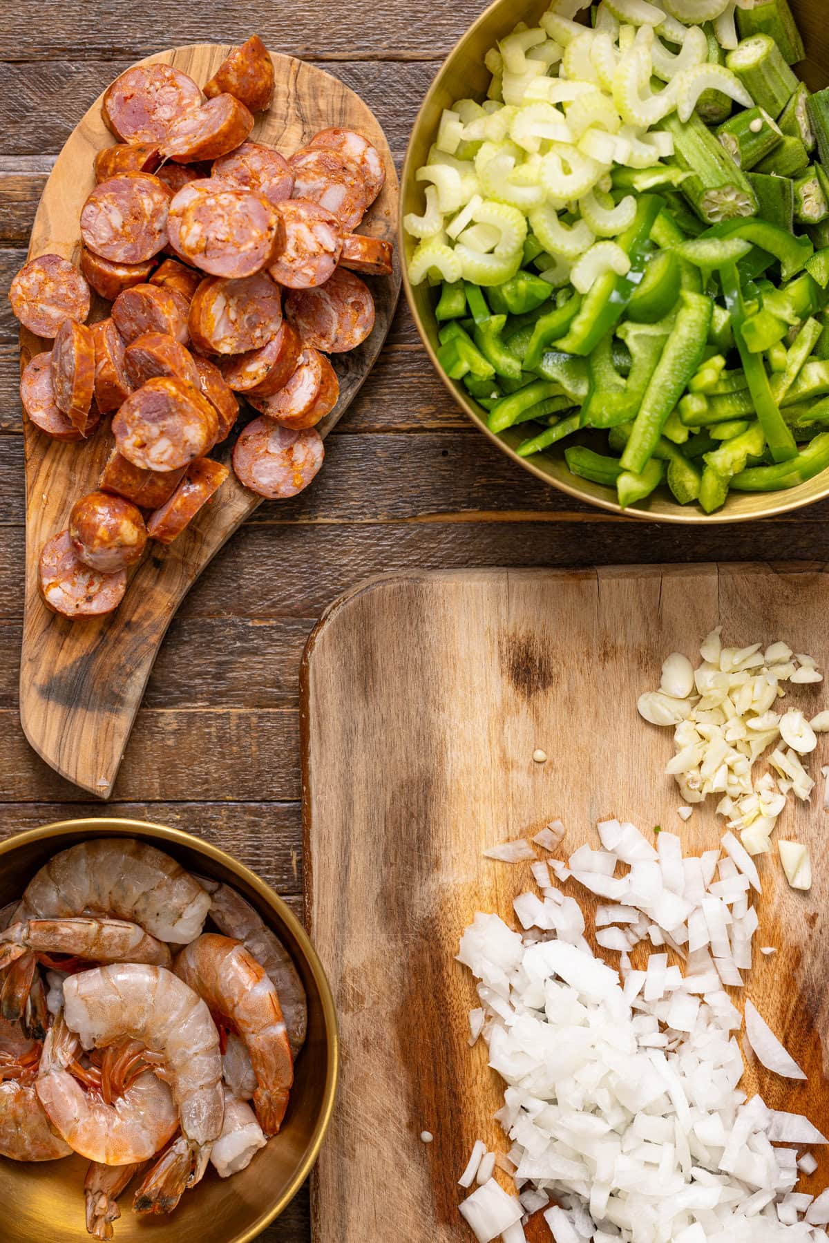 Ingredients on a brown wood table.