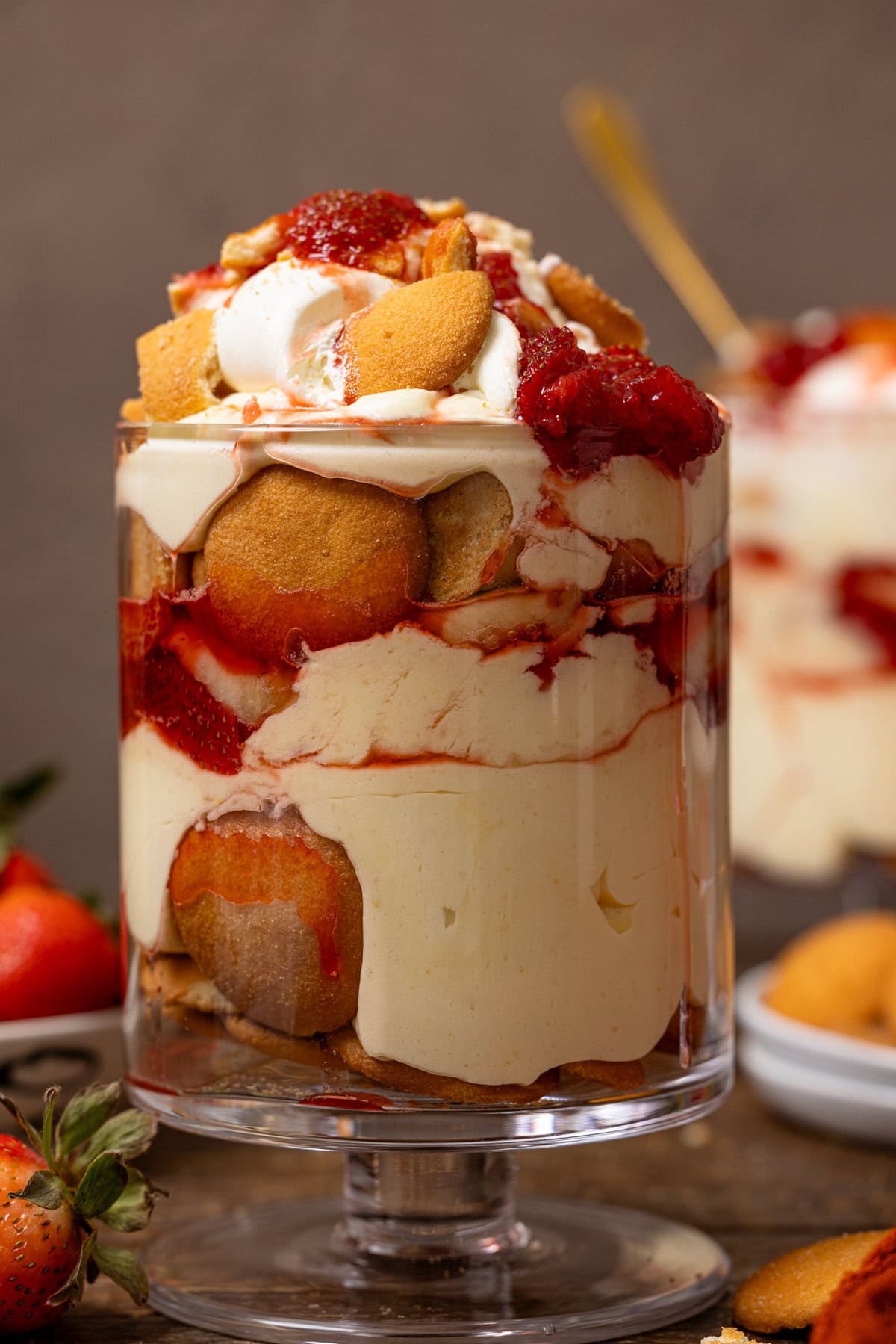 Up close shot of strawberry banana pudding.