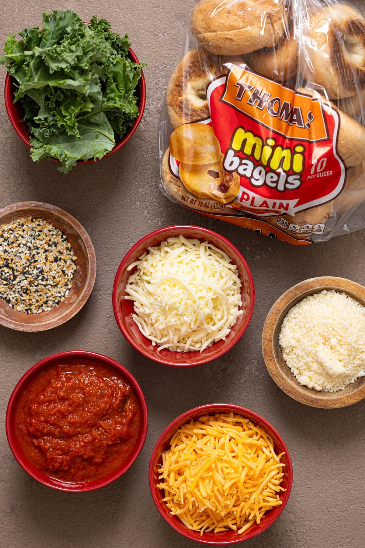 Ingredients on a brown grey-ish table.