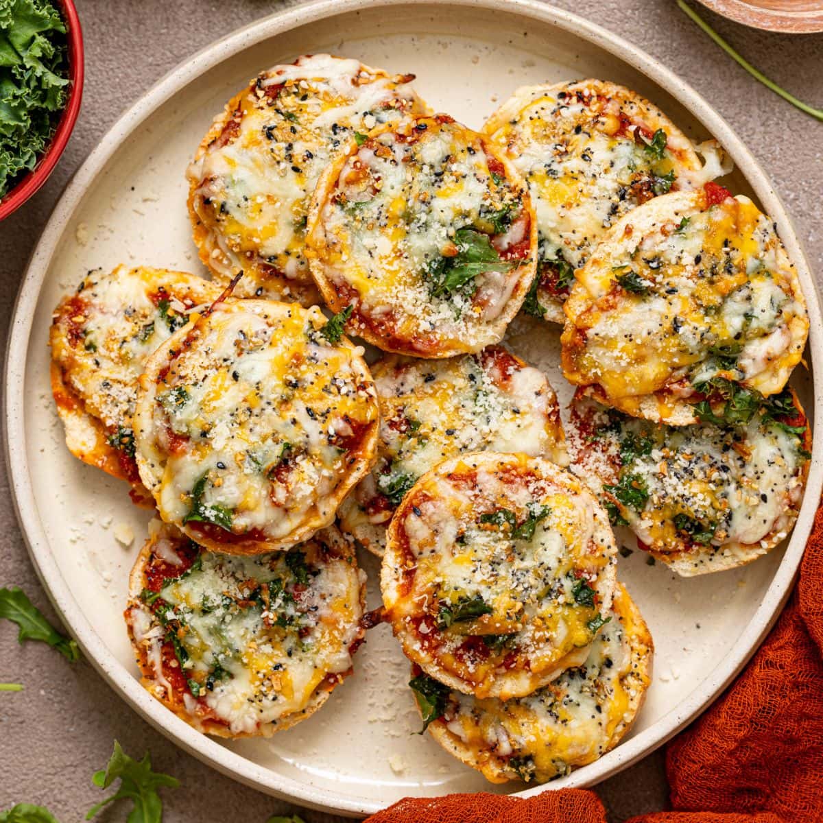 Pizza bites on a serving tray.