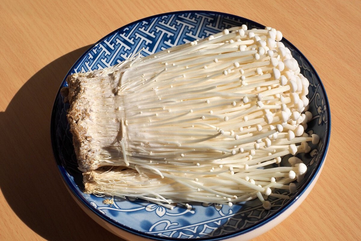 Enoki in a blue bowl.