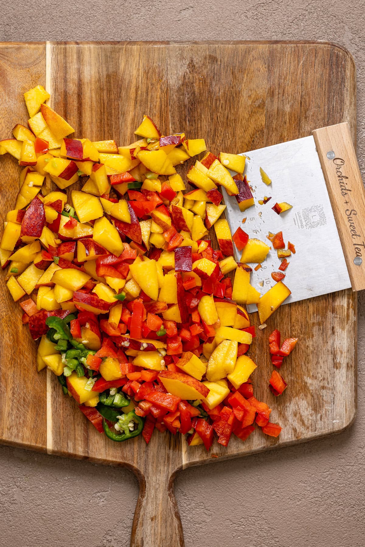 Chopped ingredients on a cutting board.