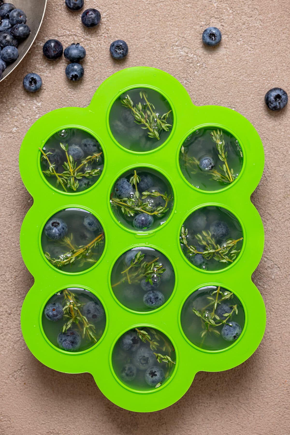 Blueberries and thyme sprigs in ice cube cavities.